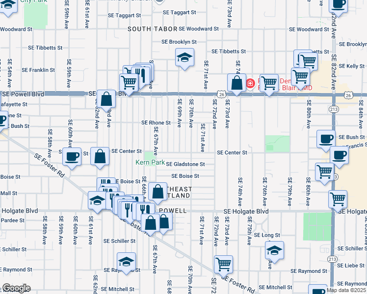 map of restaurants, bars, coffee shops, grocery stores, and more near 6919 Southeast Gladstone Street in Portland