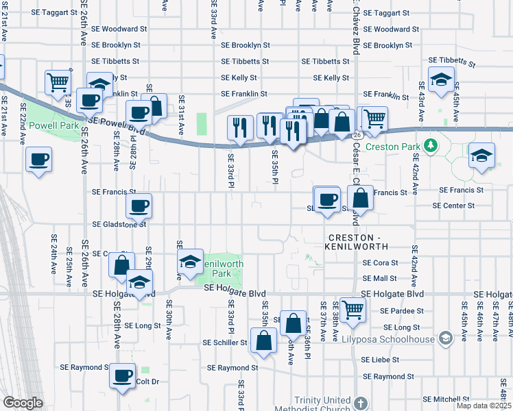 map of restaurants, bars, coffee shops, grocery stores, and more near 4028 Southeast 34th Avenue in Portland