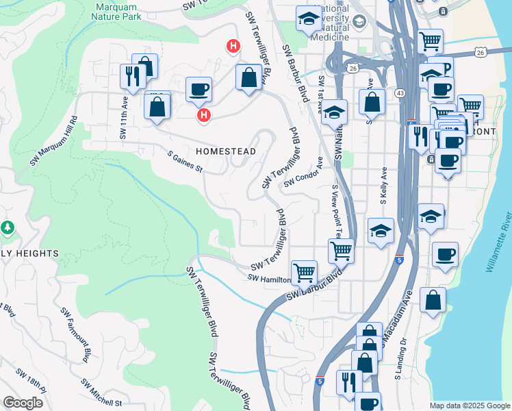map of restaurants, bars, coffee shops, grocery stores, and more near 4124 Southwest 6th Avenue Drive in Portland