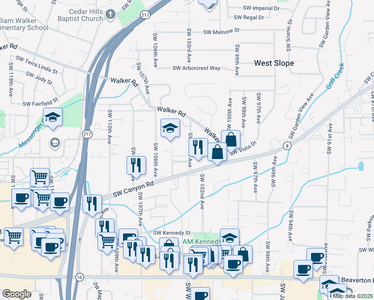 map of restaurants, bars, coffee shops, grocery stores, and more near 10303 Southwest Ridgepath Lane in Beaverton