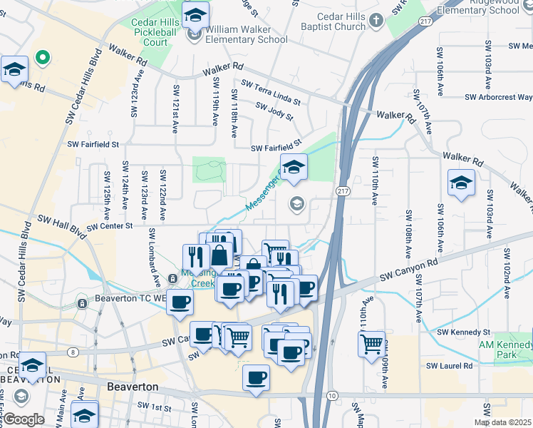 map of restaurants, bars, coffee shops, grocery stores, and more near 11590 Southwest Center Street in Beaverton
