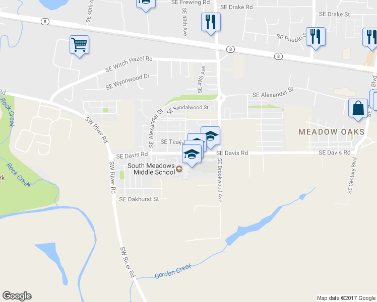 map of restaurants, bars, coffee shops, grocery stores, and more near 4690 Southeast Davis Road in Hillsboro