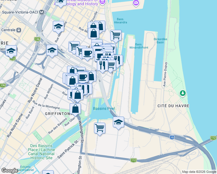 map of restaurants, bars, coffee shops, grocery stores, and more near 997 De la Commune Street West in Montreal