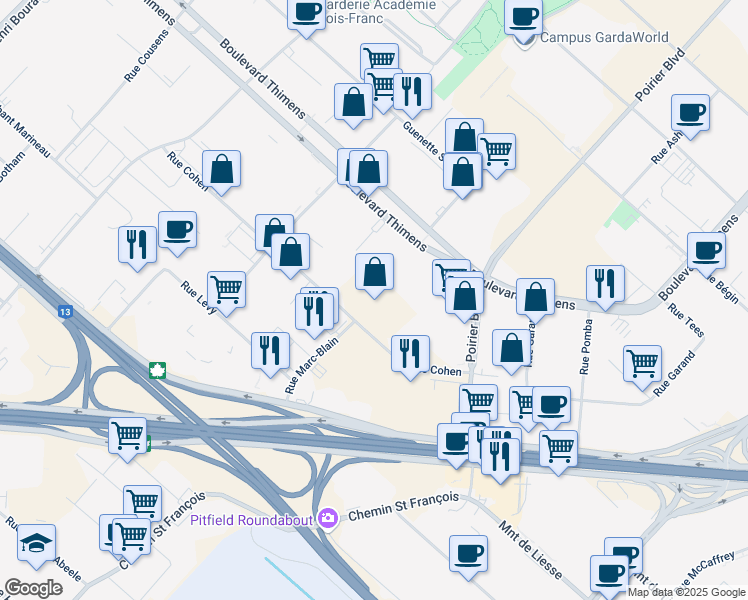 map of restaurants, bars, coffee shops, grocery stores, and more near 2255 Rue Cohen in Montréal