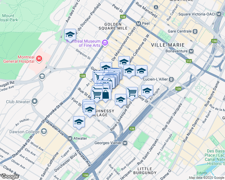 map of restaurants, bars, coffee shops, grocery stores, and more near in Montreal