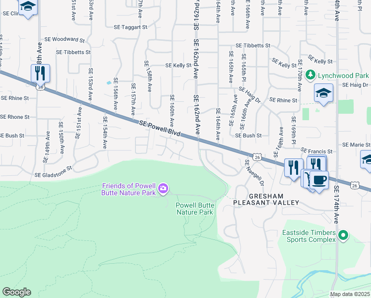 map of restaurants, bars, coffee shops, grocery stores, and more near 16134 Southeast Powell Boulevard in Portland