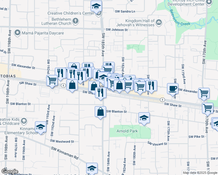 map of restaurants, bars, coffee shops, grocery stores, and more near 18385 Southwest Tualatin Valley Highway in Aloha