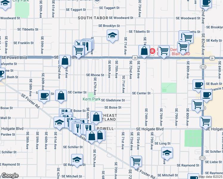 map of restaurants, bars, coffee shops, grocery stores, and more near 6919 Southeast Gladstone Street in Portland