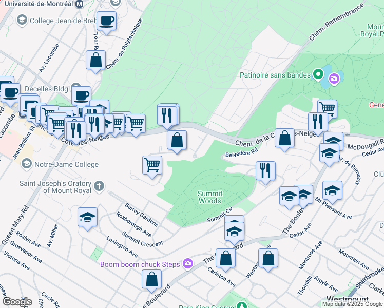 map of restaurants, bars, coffee shops, grocery stores, and more near 3261 Forest Hill Avenue in Montreal