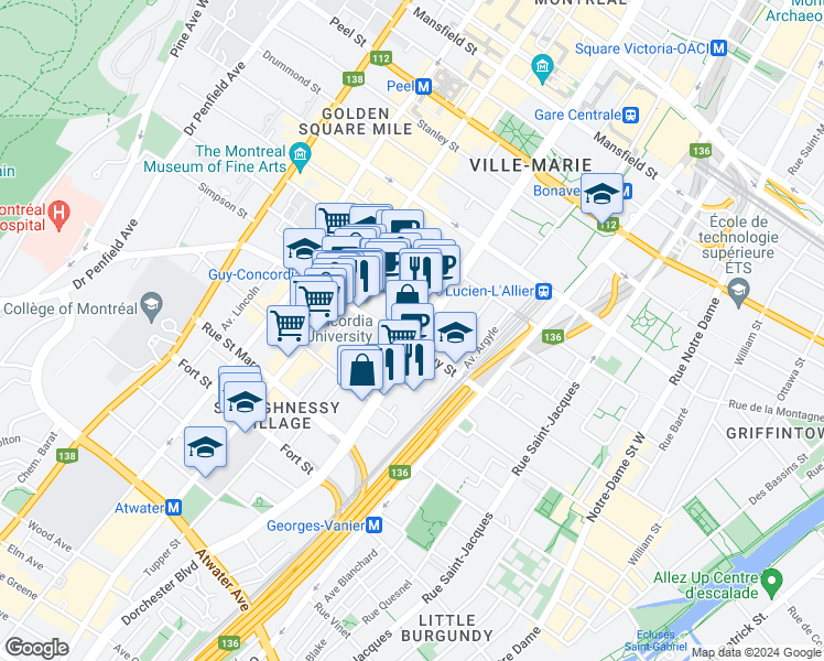 map of restaurants, bars, coffee shops, grocery stores, and more near 1555 Boulevard René-Lévesque Ouest in Montréal