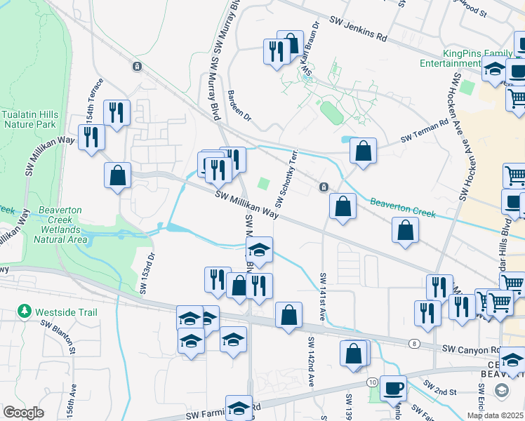 map of restaurants, bars, coffee shops, grocery stores, and more near 14400 Southwest Millikan Way in Beaverton