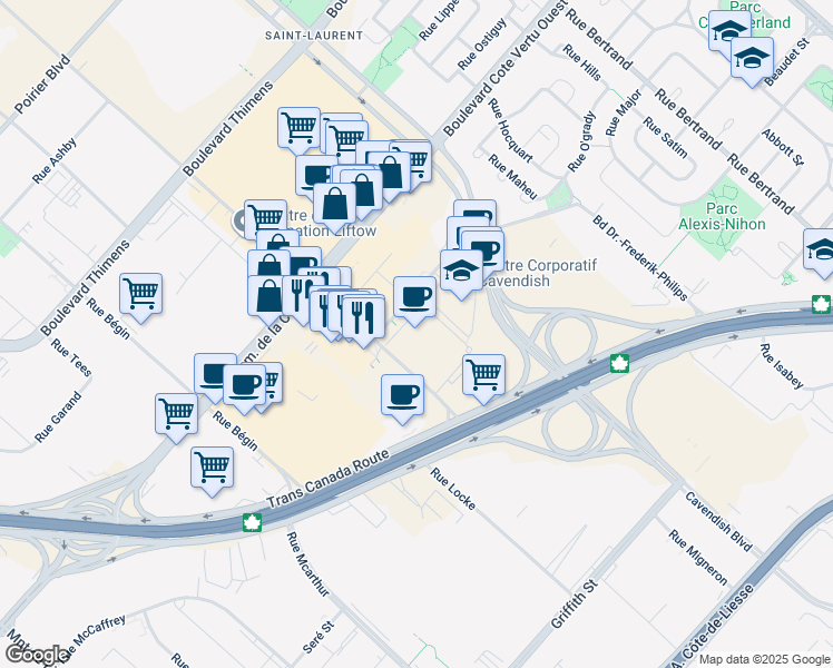 map of restaurants, bars, coffee shops, grocery stores, and more near 7075 Place Robert Joncas in Montréal