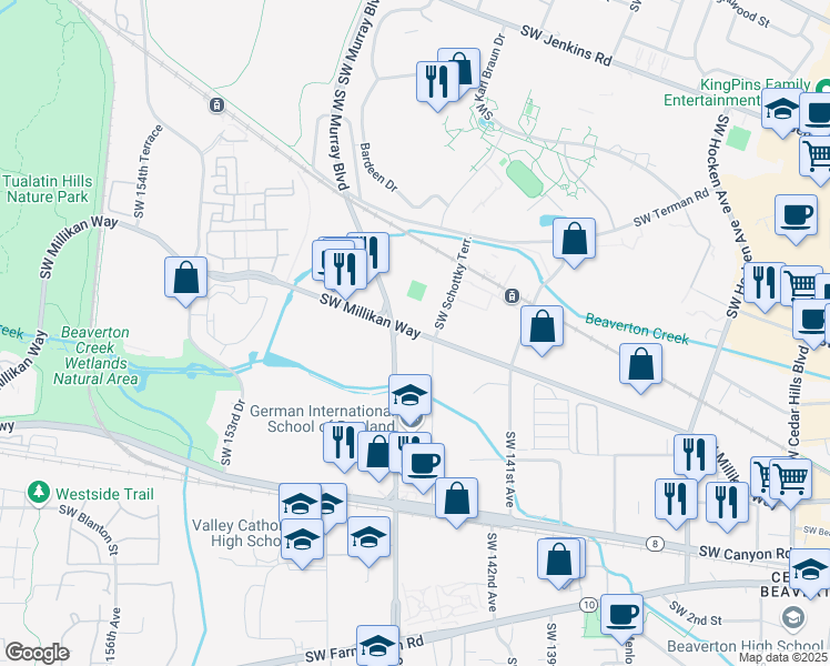 map of restaurants, bars, coffee shops, grocery stores, and more near 14400 Southwest Millikan Way in Beaverton