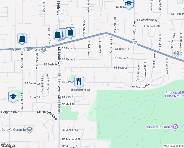 map of restaurants, bars, coffee shops, grocery stores, and more near 14142 Southeast Bush Street in Portland