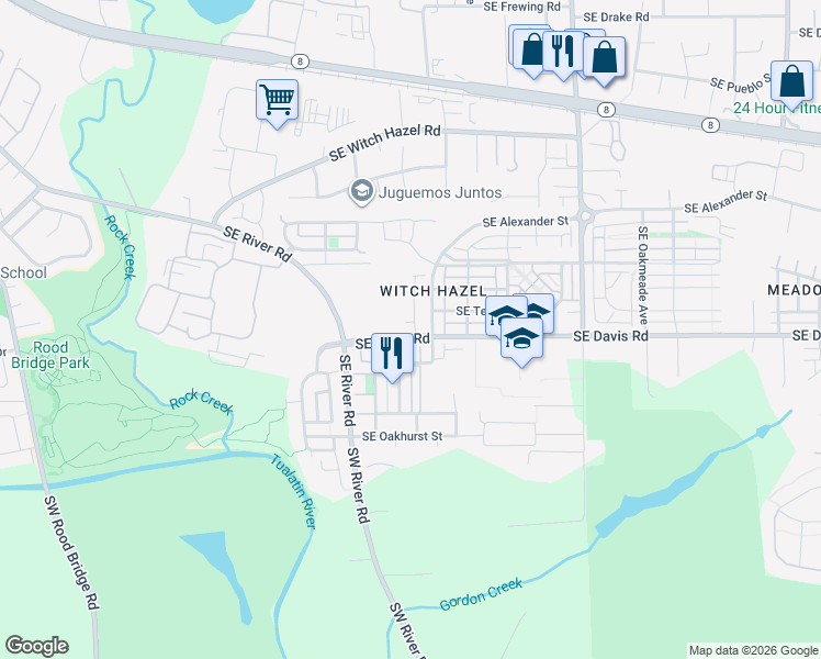 map of restaurants, bars, coffee shops, grocery stores, and more near 3454 Southeast Pinewood Avenue in Hillsboro
