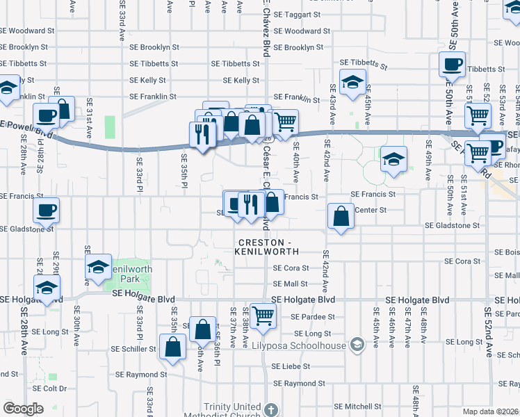 map of restaurants, bars, coffee shops, grocery stores, and more near 3803 Southeast Francis Street in Portland