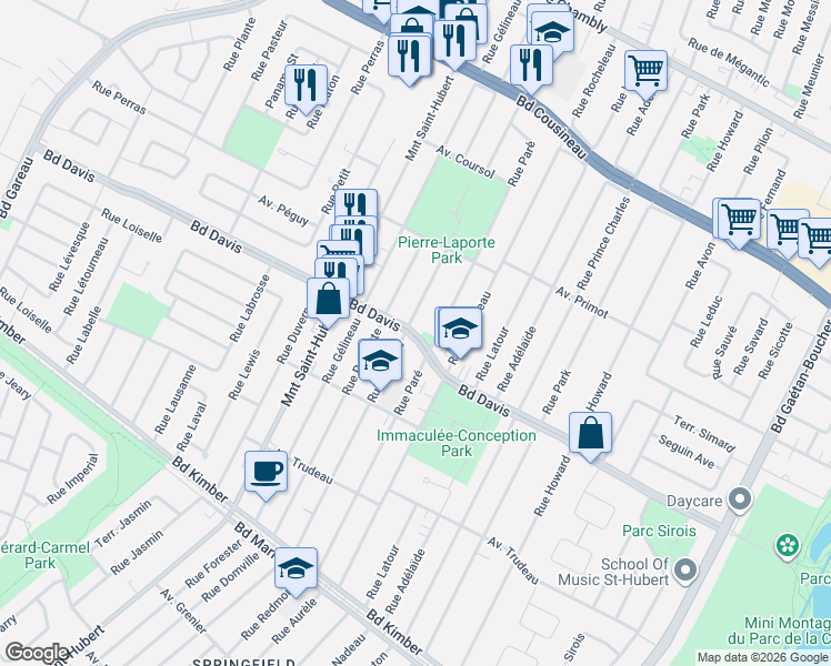 map of restaurants, bars, coffee shops, grocery stores, and more near 5424 Boulevard Davis in Longueuil
