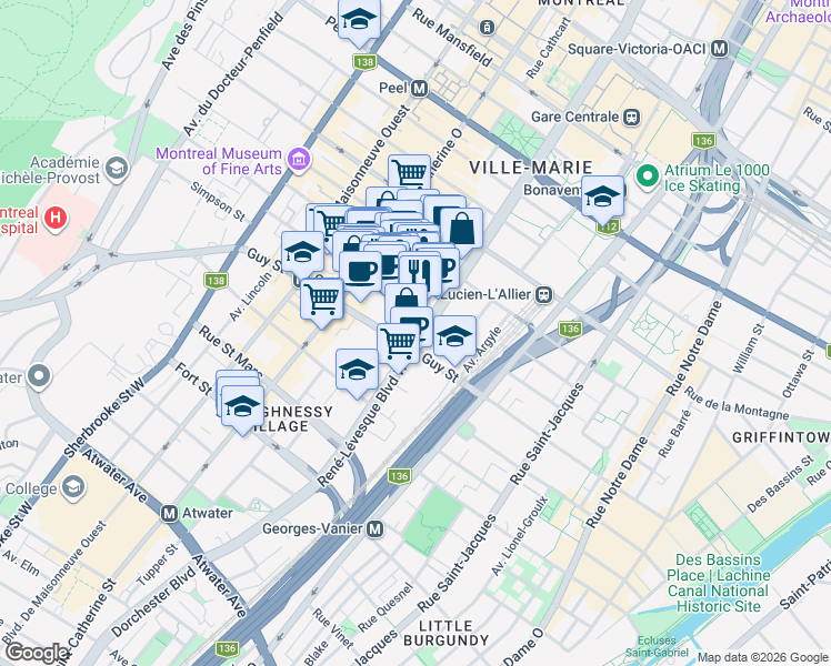 map of restaurants, bars, coffee shops, grocery stores, and more near 1555 Boulevard René-Lévesque Ouest in Montréal