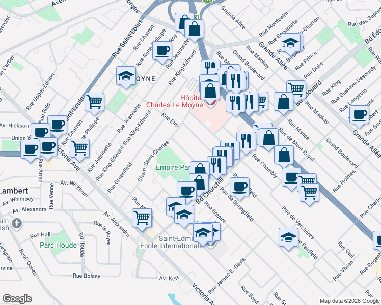 map of restaurants, bars, coffee shops, grocery stores, and more near 168 Rue de Springfield in Longueuil