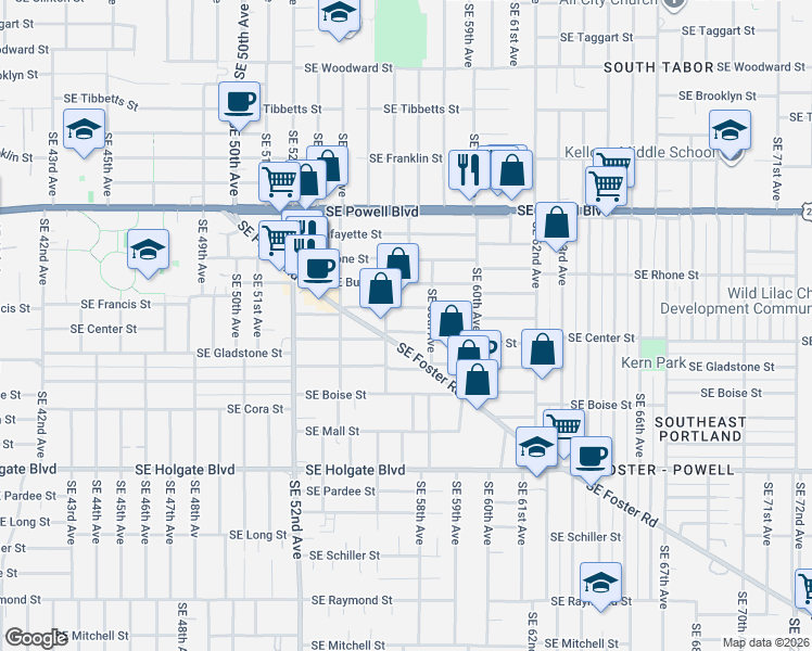 map of restaurants, bars, coffee shops, grocery stores, and more near 5629 Southeast Center Street in Portland
