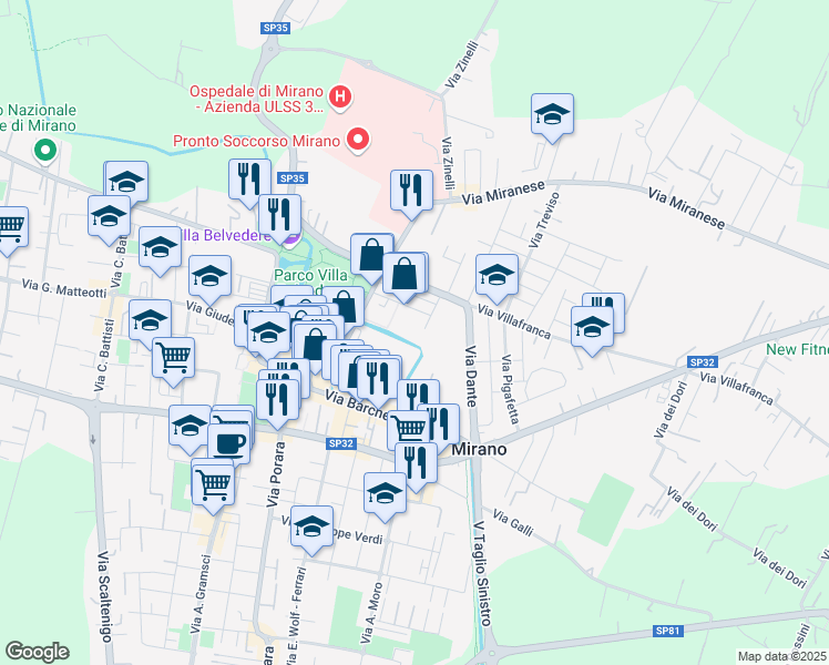 map of restaurants, bars, coffee shops, grocery stores, and more near 31 Via Cristoforo Colombo in Mirano