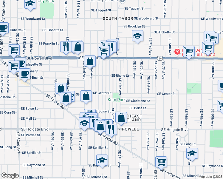map of restaurants, bars, coffee shops, grocery stores, and more near 3802 Southeast 66th Avenue in Portland