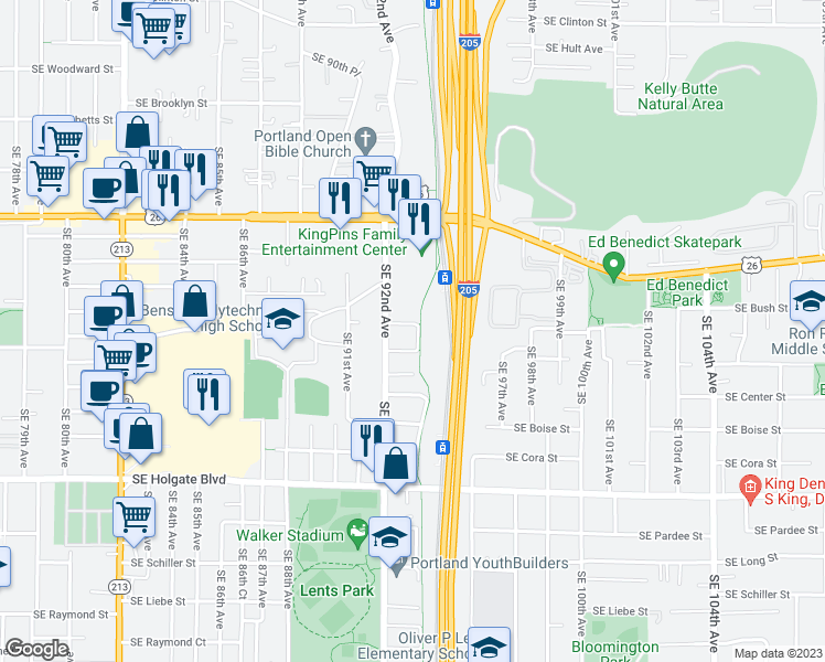 map of restaurants, bars, coffee shops, grocery stores, and more near 9240 Southeast Bush Street in Portland