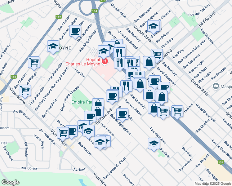 map of restaurants, bars, coffee shops, grocery stores, and more near 225 Rue Verchères in Longueuil
