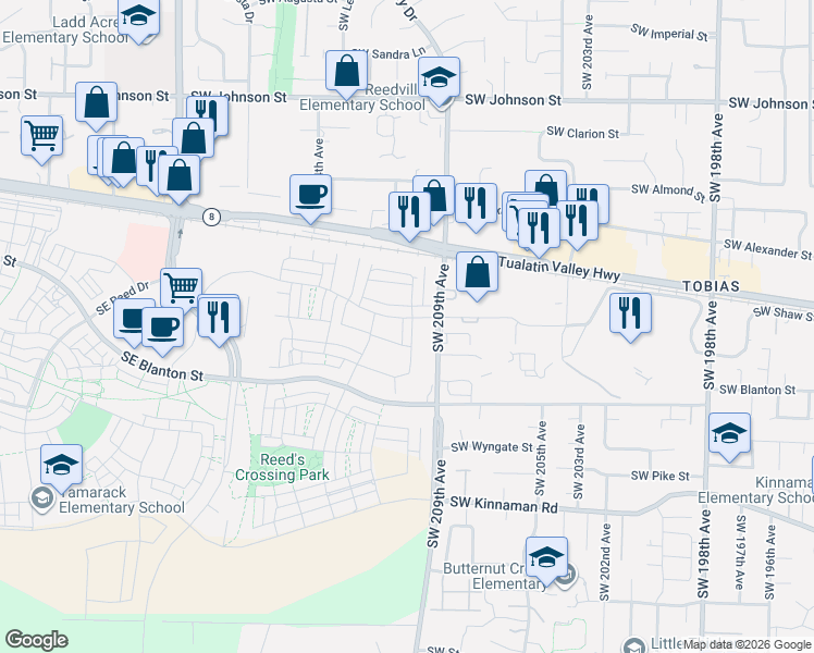 map of restaurants, bars, coffee shops, grocery stores, and more near 3487 Southeast 86th Avenue in Hillsboro