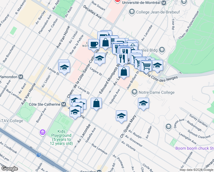 map of restaurants, bars, coffee shops, grocery stores, and more near 4008 Boulevard Édouard-Montpetit in Montréal