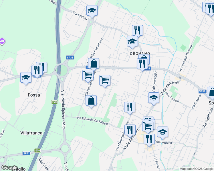 map of restaurants, bars, coffee shops, grocery stores, and more near 21 Via delle Industrie in Venice