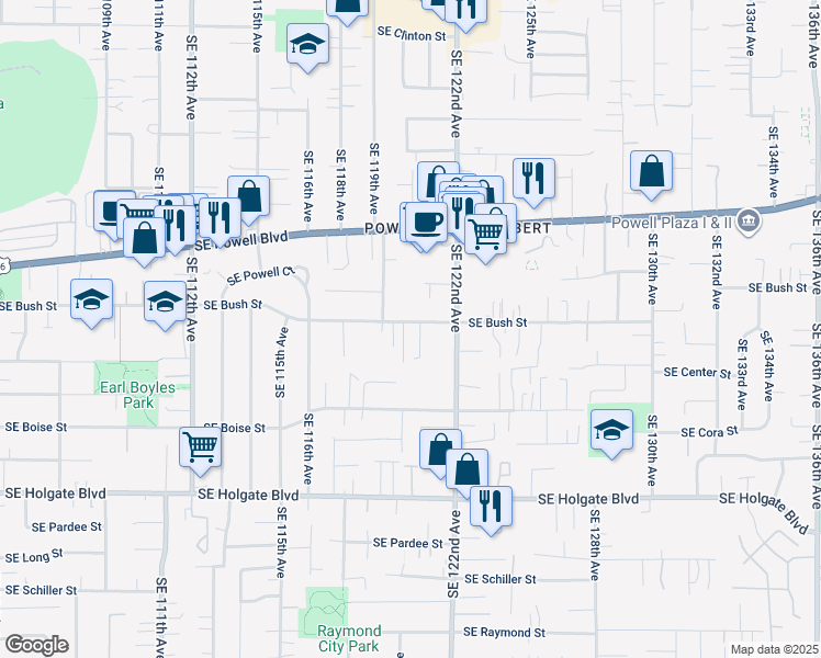 map of restaurants, bars, coffee shops, grocery stores, and more near 12011 Southeast Bush Street in Portland