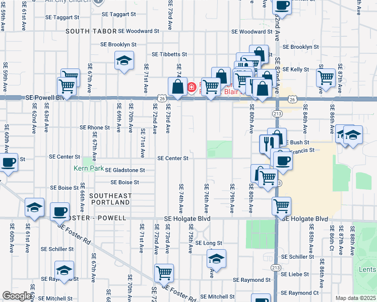 map of restaurants, bars, coffee shops, grocery stores, and more near 3806 Southeast 74th Avenue in Portland