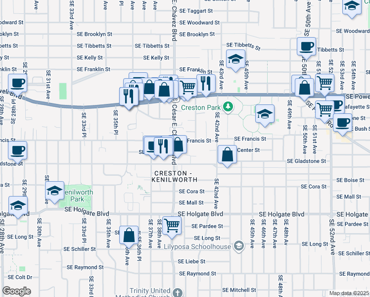 map of restaurants, bars, coffee shops, grocery stores, and more near 3933 Southeast Francis Street in Portland
