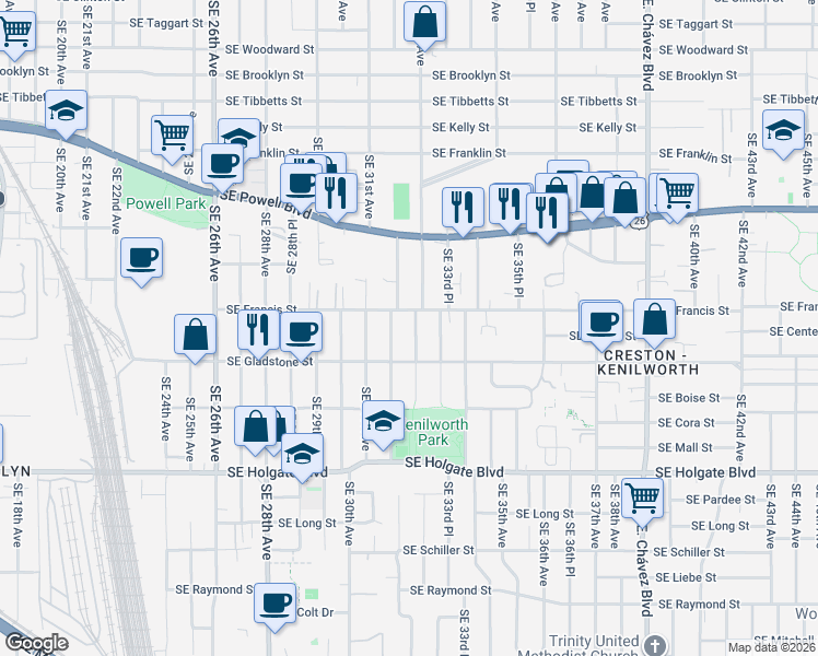 map of restaurants, bars, coffee shops, grocery stores, and more near 3835 Southeast 32nd Avenue in Portland