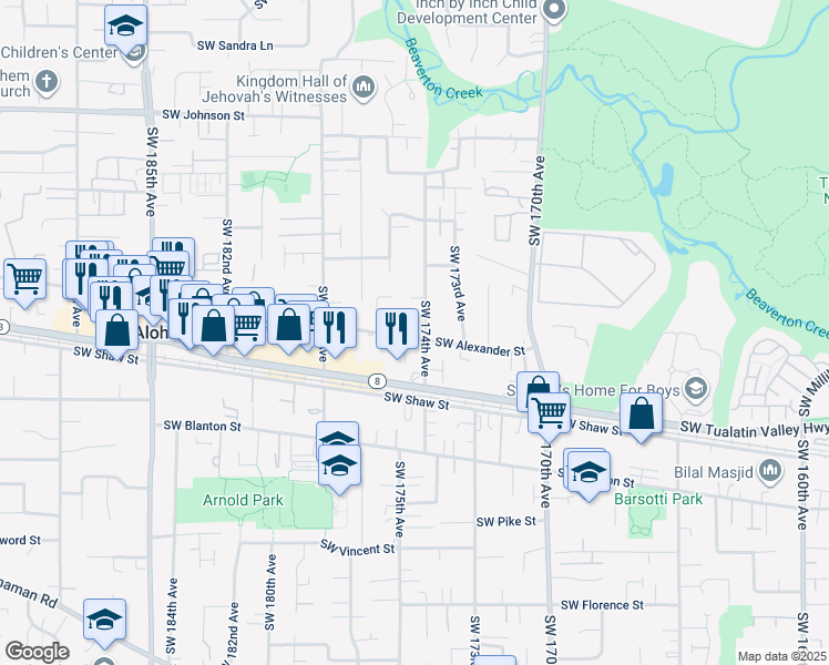 map of restaurants, bars, coffee shops, grocery stores, and more near 17464 Southwest Cricket Court in Beaverton