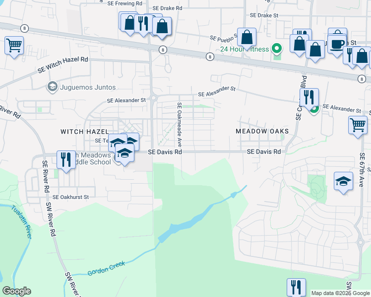 map of restaurants, bars, coffee shops, grocery stores, and more near 5219 Southeast Thornapple Street in Hillsboro