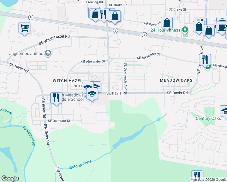 map of restaurants, bars, coffee shops, grocery stores, and more near 5013 Southeast Davis Road in Hillsboro
