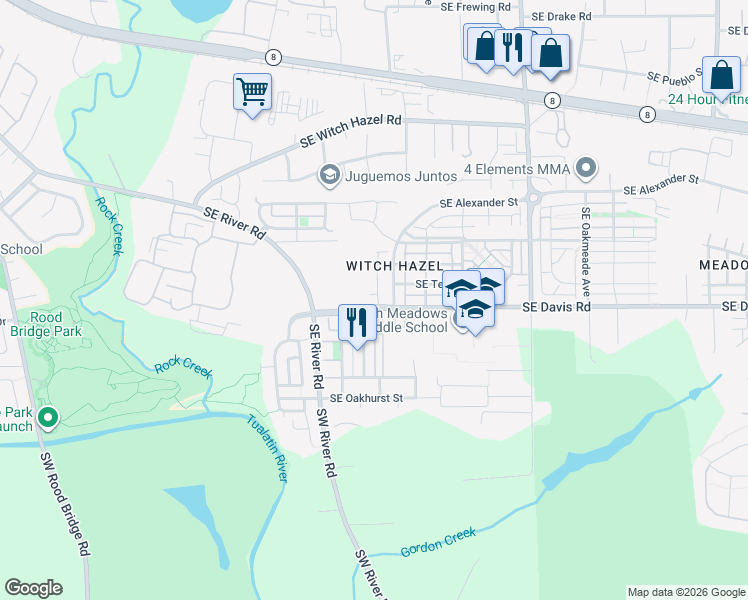 map of restaurants, bars, coffee shops, grocery stores, and more near 3454 Southeast Pinewood Avenue in Hillsboro