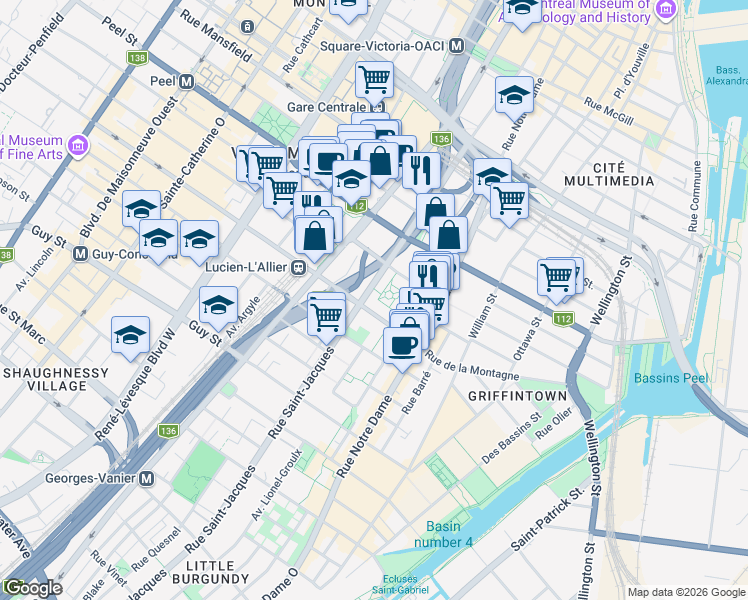 map of restaurants, bars, coffee shops, grocery stores, and more near 1280 Rue Saint-Jacques in Montréal