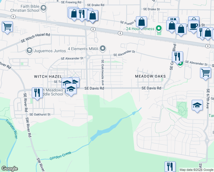 map of restaurants, bars, coffee shops, grocery stores, and more near 5219 Southeast Thornapple Street in Hillsboro