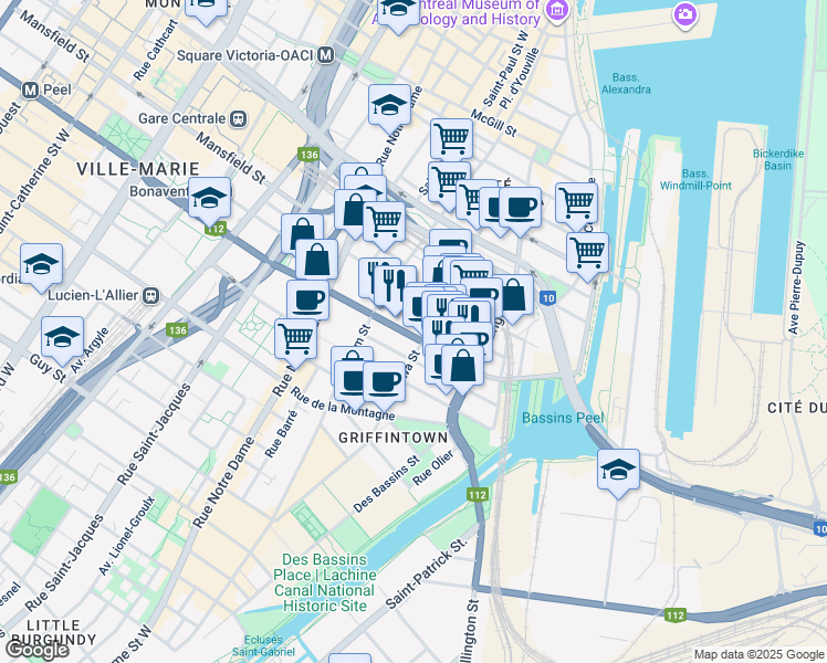 map of restaurants, bars, coffee shops, grocery stores, and more near 295 Rue Peel in Montréal