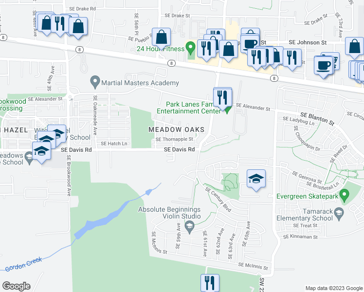map of restaurants, bars, coffee shops, grocery stores, and more near 6047 Southeast Davis Road in Hillsboro