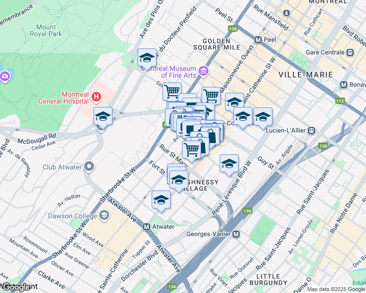 map of restaurants, bars, coffee shops, grocery stores, and more near 1819 Maisonneuve Boulevard West in Montreal