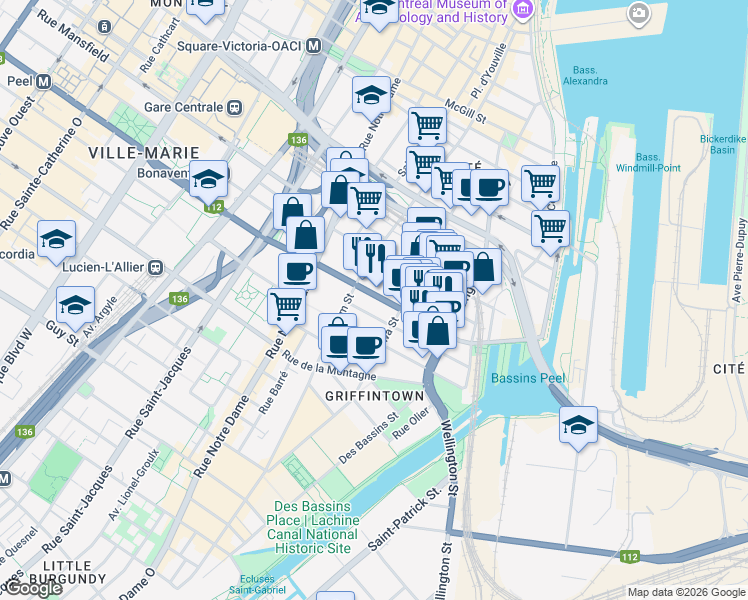 map of restaurants, bars, coffee shops, grocery stores, and more near 298 Rue Peel in Montréal