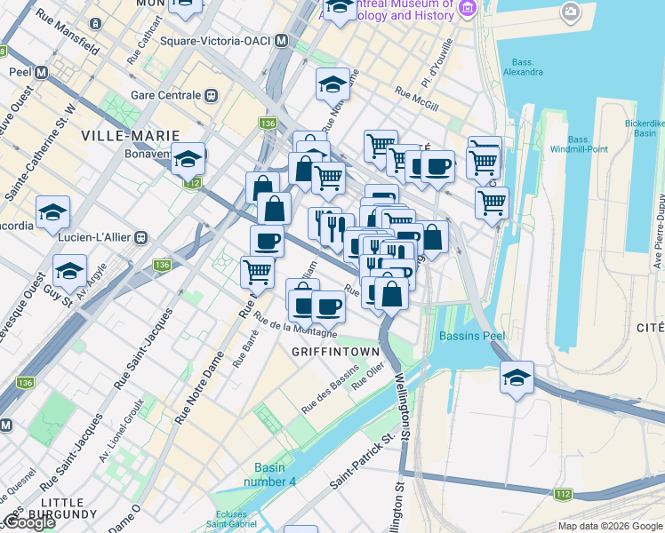 map of restaurants, bars, coffee shops, grocery stores, and more near 308 Rue Peel in Montréal