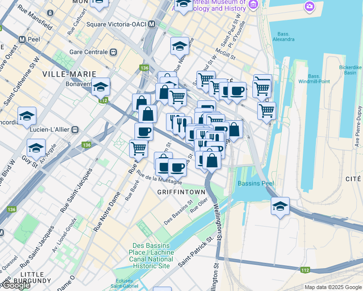 map of restaurants, bars, coffee shops, grocery stores, and more near 296 Rue Peel in Montréal