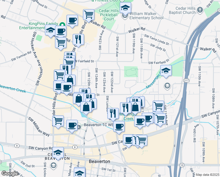 map of restaurants, bars, coffee shops, grocery stores, and more near 3440 Southwest 122nd Avenue in Beaverton