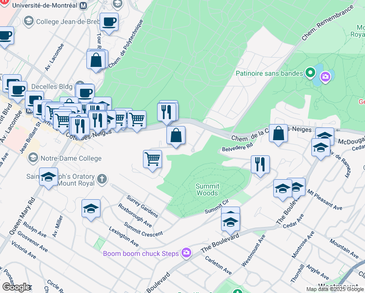 map of restaurants, bars, coffee shops, grocery stores, and more near 3300 Avenue Ridgewood in Montréal