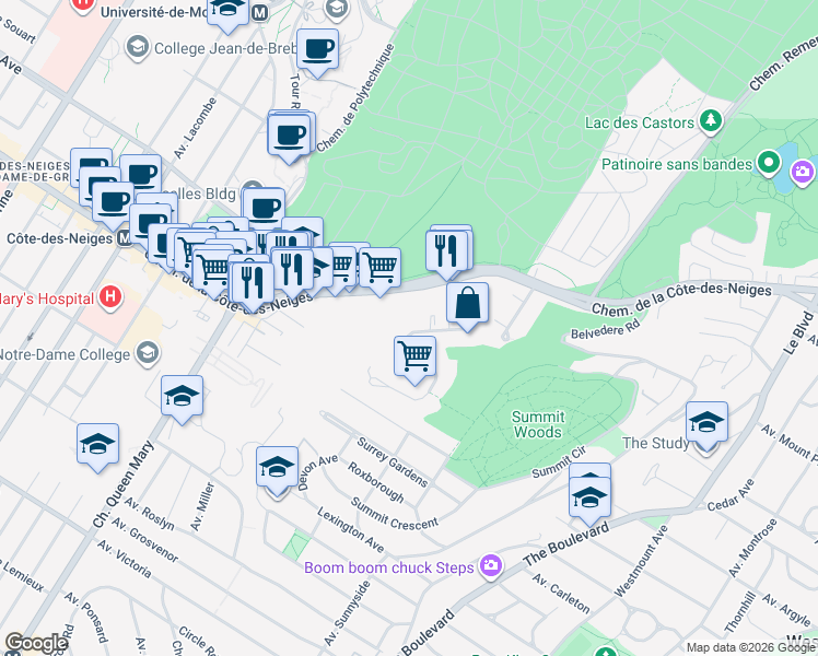 map of restaurants, bars, coffee shops, grocery stores, and more near 3425 Avenue Ridgewood in Montréal